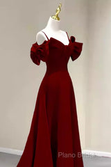 Simple A Line Straps Red Satin Long Formal Prom Dresses