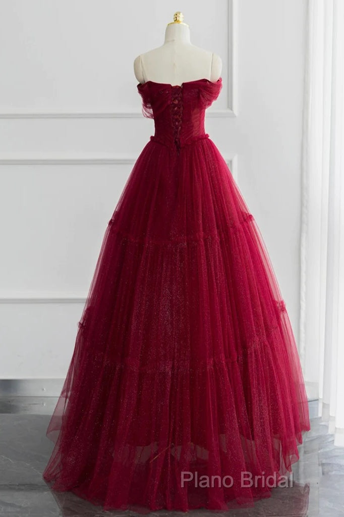 Simple A-Line Tulle Burgundy Long Formal Prom Dresses