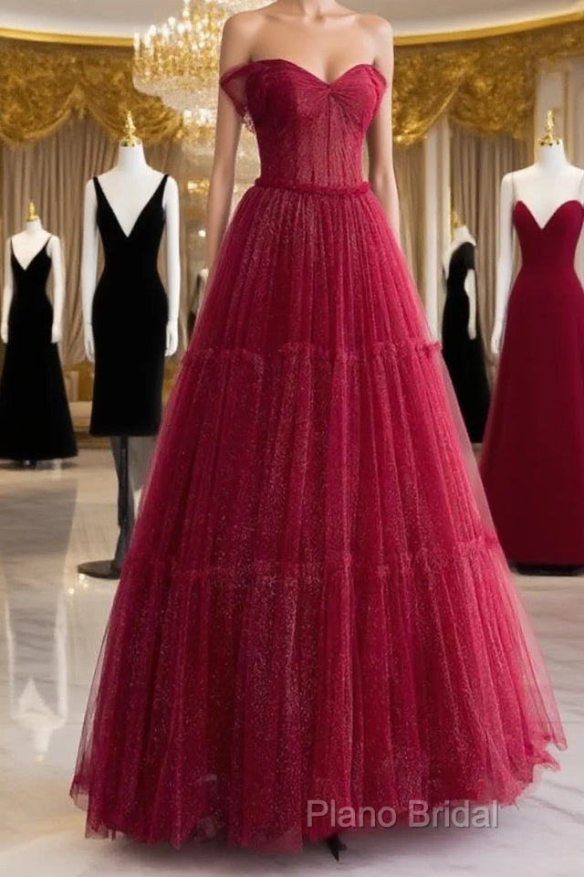 Simple A-Line Tulle Burgundy Long Formal Prom Dresses Main image