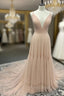 Simple A Line Tulle Champagne Long Formal Prom Dresses, Champagne Evening Dresses