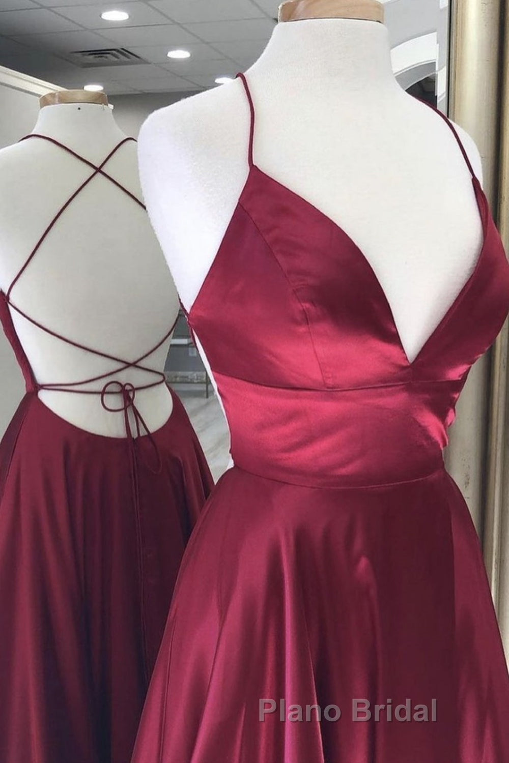Simple A Line V Neck Backless Burgundy Long Formal Prom Dresses, Backless Burgundy Formal Graduation Evening Dresses Secondary image