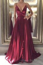 Simple A Line V Neck Backless Burgundy Long Formal Prom Dresses, Backless Burgundy Formal Graduation Evening Dresses