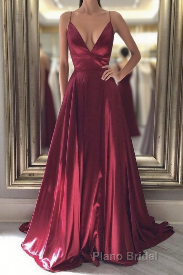 Simple A Line V Neck Backless Burgundy Long Formal Prom Dresses, Backless Burgundy Formal Graduation Evening Dresses