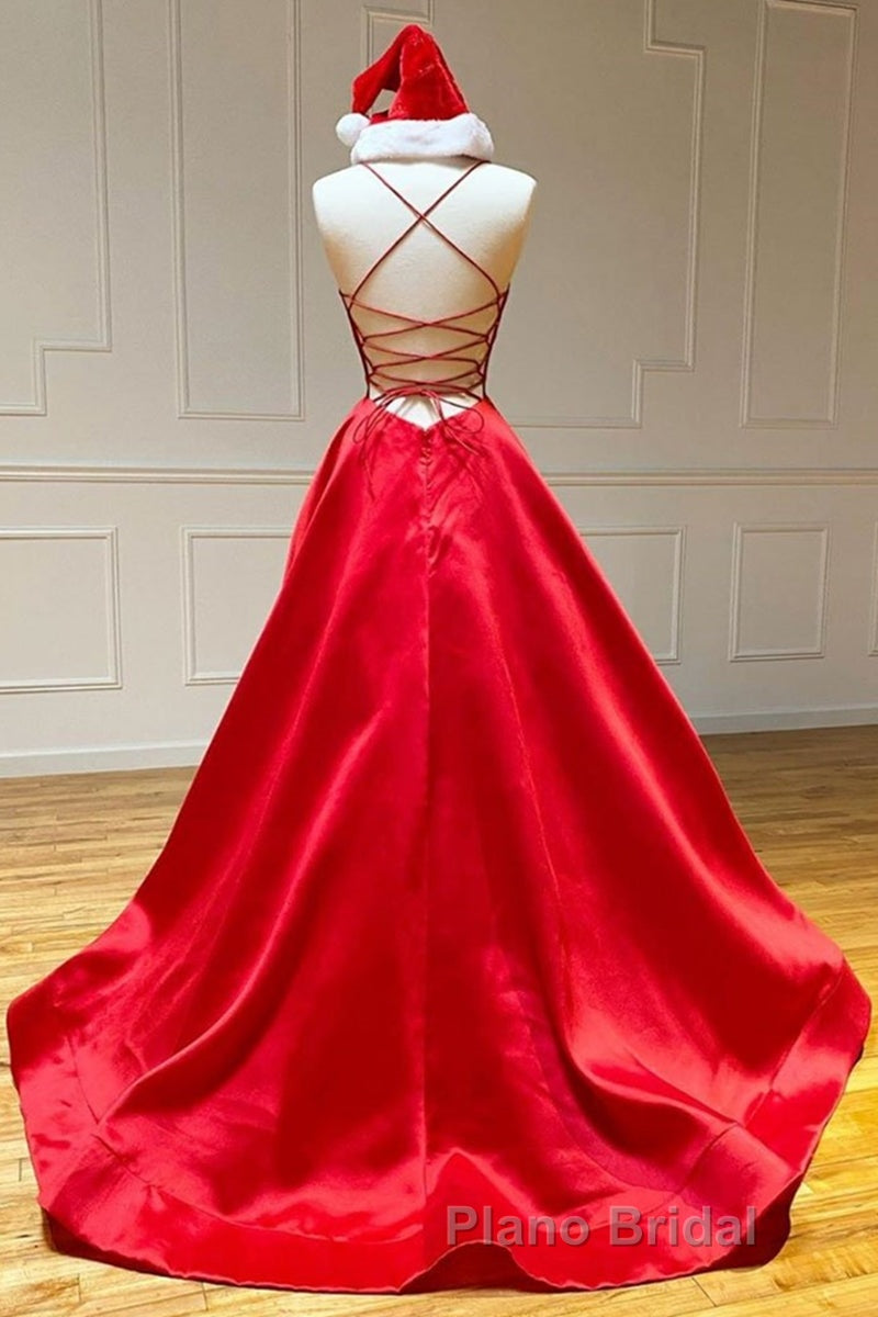 Simple A Line V Neck Backless Red Long Formal Prom Dress, Backless Red Fromal Dress, Red Evening Dress