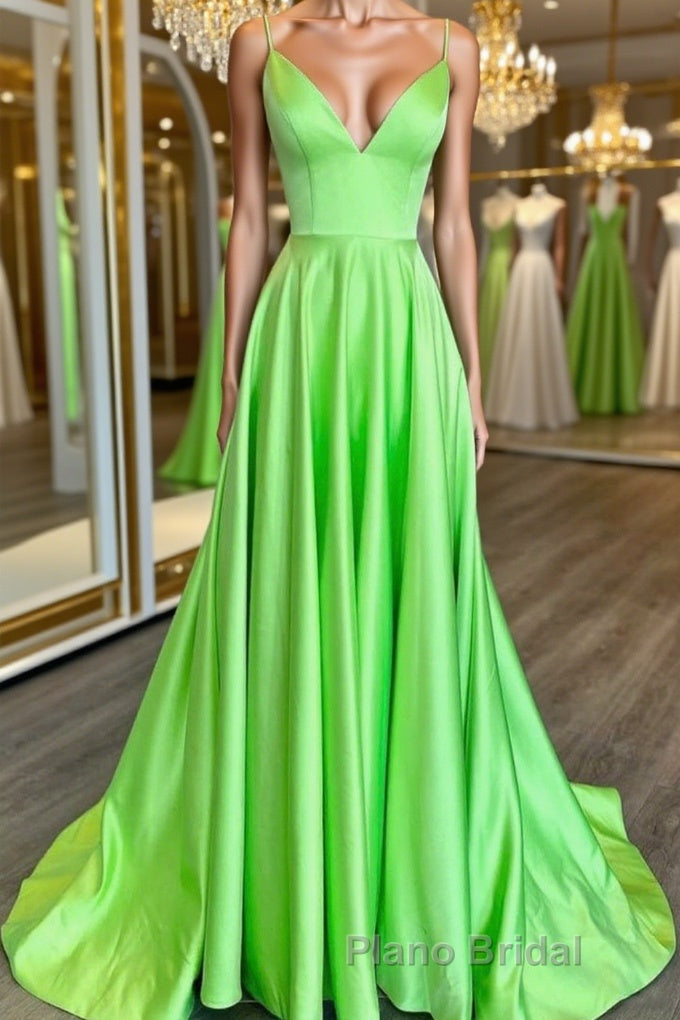 Simple A Line V Neck Green Satin Long Formal Prom Dress, V Neck Green Formal Graduation Evening Dress