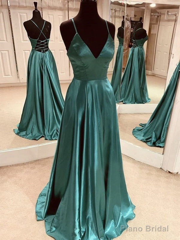 Simple A Line V Neck Satin Backless Green Long Prom, Open Back Green Formal Graduation Evening Main image