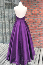 Simple Backless Purple Satin Long Formal Prom Dresses, Backless Purple Formal Dresses, Purple Evening Dresses