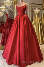 Simple Backless Red Satin Long Formal Prom Dress, Backless Red Formal Dress, Red Evening Dress