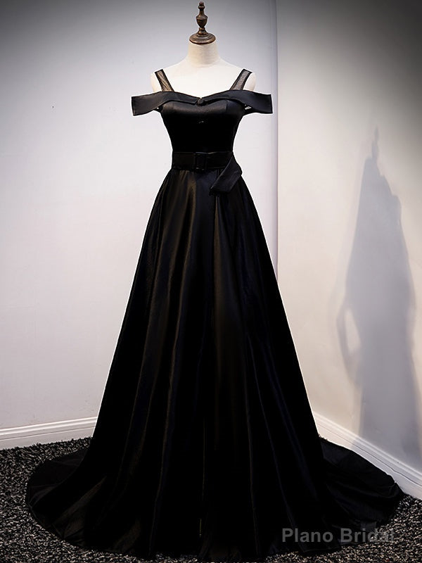 Simple Black Satin Straps Prom Dress With Belt Main image
