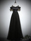Simple Black Tulle Satin Spaghetti Straps Button Prom Dress