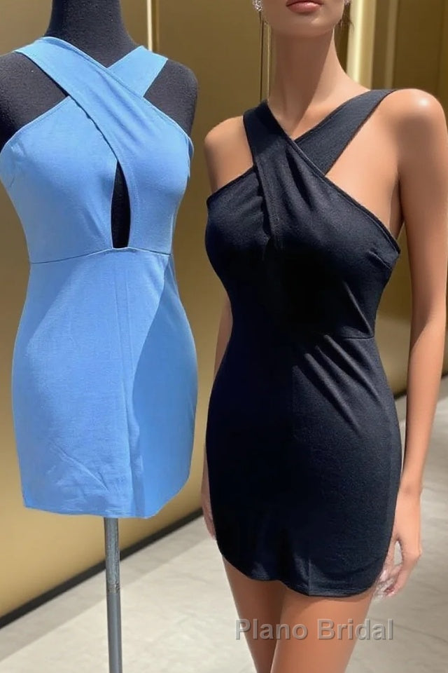 Simple Blue Tight Cross Front Short Cocktail Dresses Main image