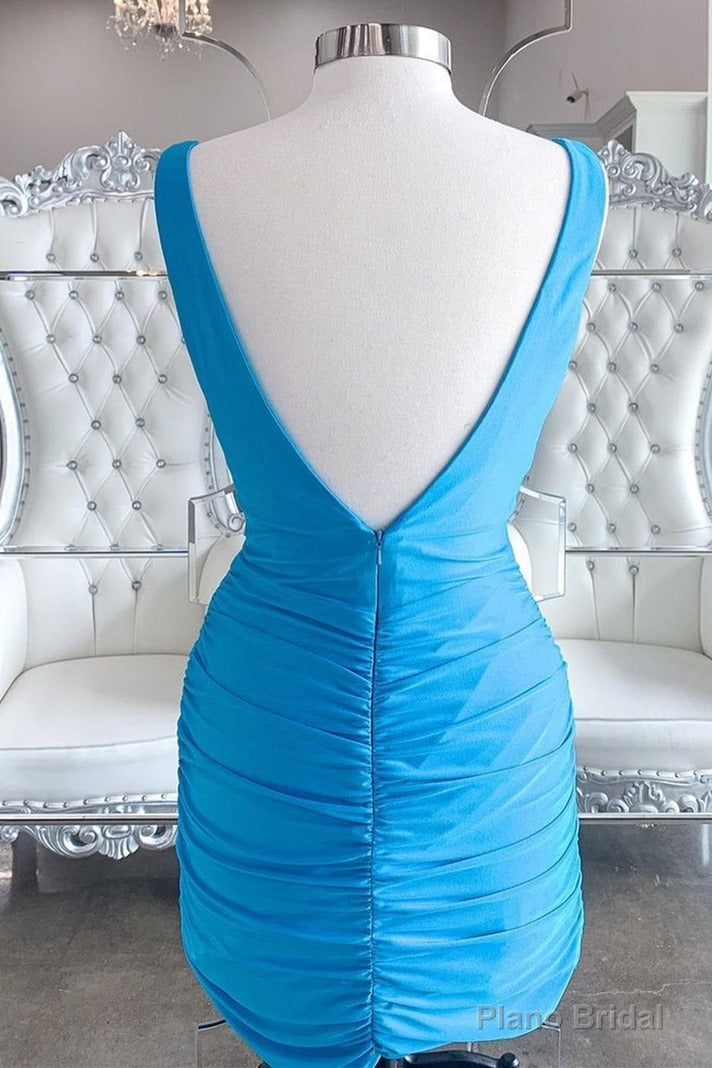 Simple Blue V Neck Bodycon Mini Dress Party Gowns Secondary image