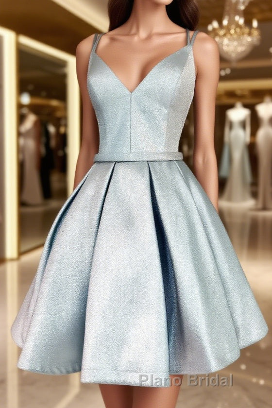 Simple blue v neck satin short Formal Prom dress, blue homecoming dress