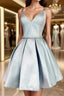 Simple blue v neck satin short Formal Prom dress, blue homecoming dress