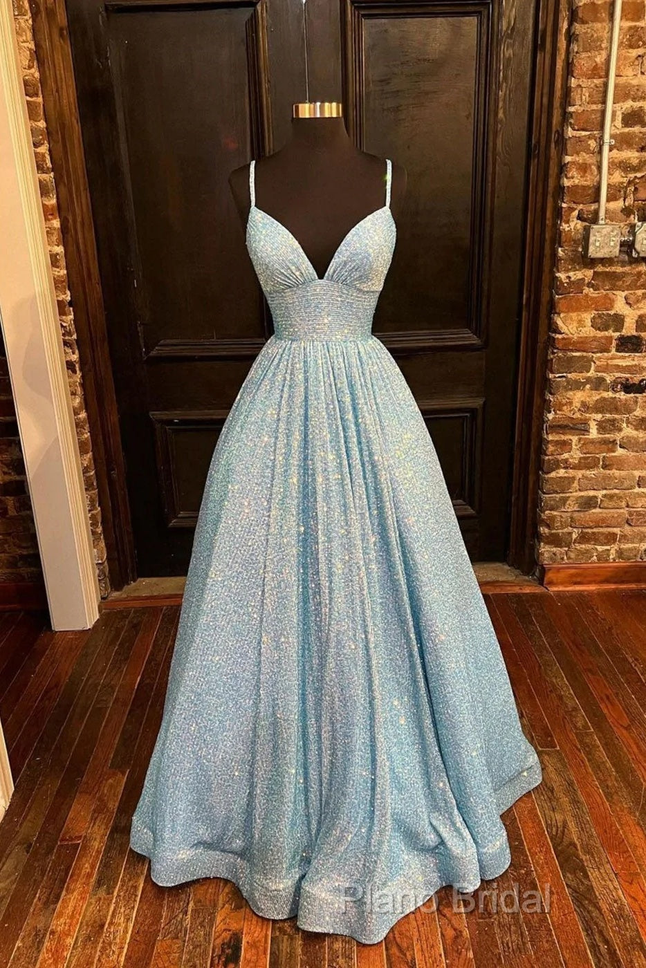 Simple Blue V Neck Sequin Long Formal Prom Dresses,A Line Blue Formal Dresses Secondary image