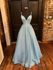 Simple Blue V Neck Sequin Long Formal Prom Dresses,A Line Blue Formal Dresses