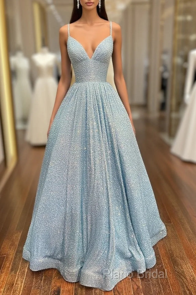 Simple Blue V Neck Sequin Long Formal Prom Dresses,A Line Blue Formal Dresses Main image