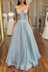 Simple Blue V Neck Sequin Long Formal Prom Dresses,A Line Blue Formal Dresses