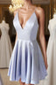 Simple blue v neck short Formal Prom dress, blue homecoming dress
