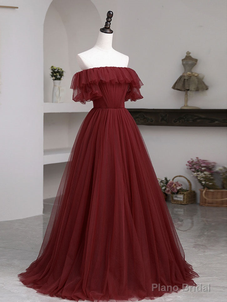 Simple Burgundy A line Long Prom Dresses, Burgundy Bridesmaid Dresses Main image