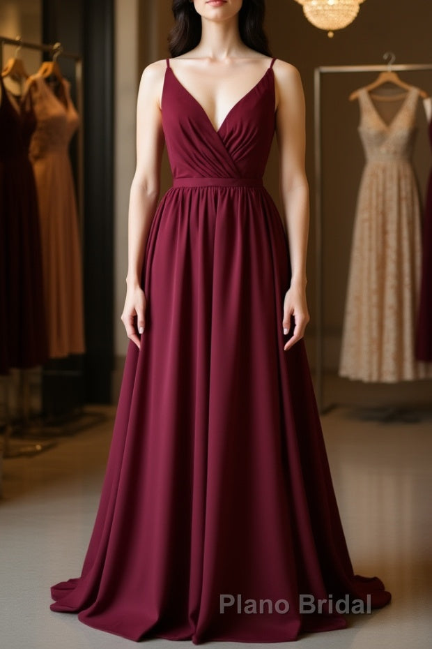 Simple burgundy chiffon lace long Formal Prom dress, burgundy evening dress Main image