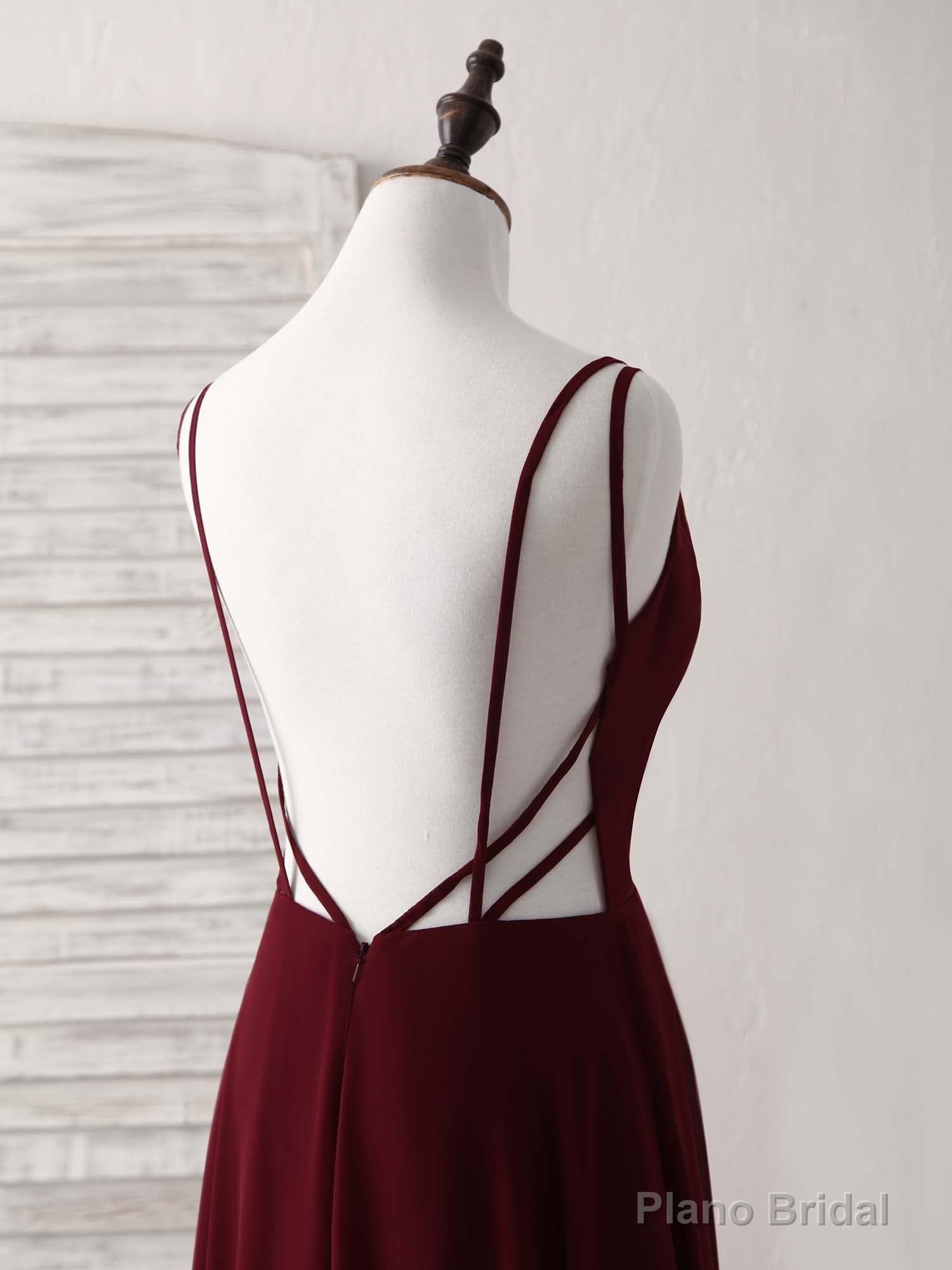 Simple Burgundy Chiffon Long Prom Dress Backless Evening Dress