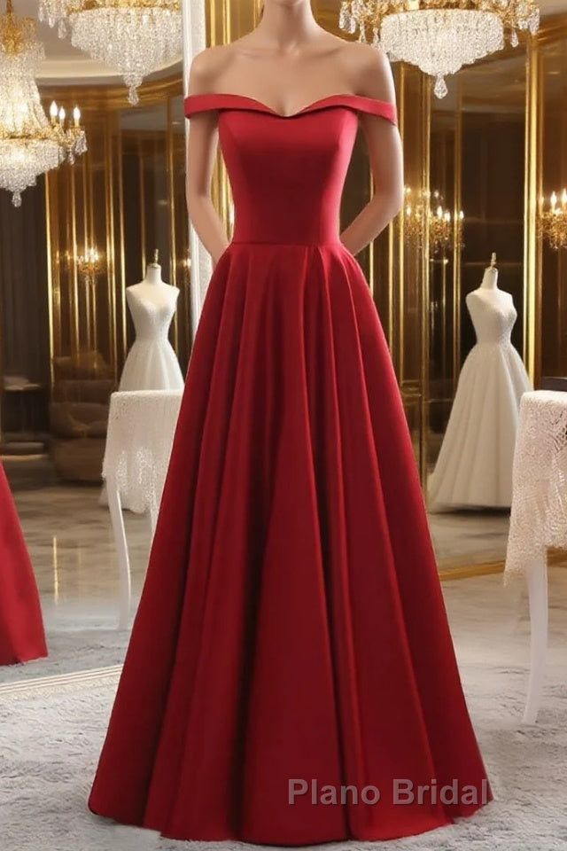 Simple burgundy off shoulder long Formal Prom dress, burgundy evening dress Main image