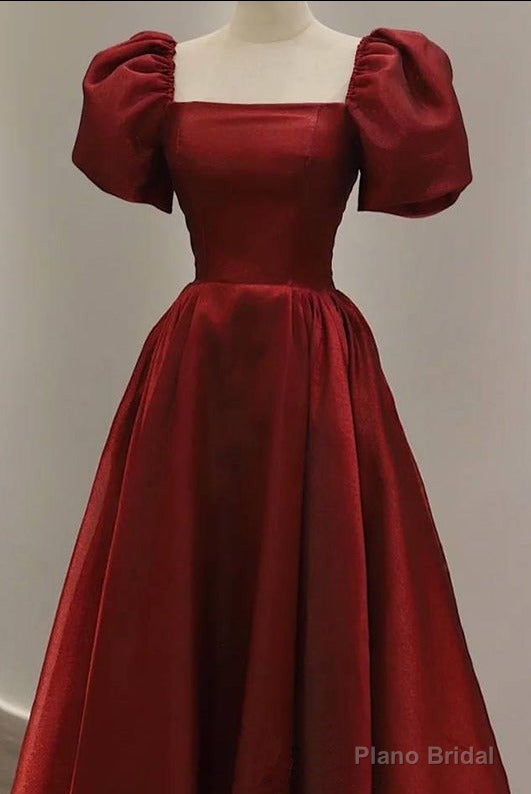 Simple Burgundy Prom Dress Square Neck Tea Length Graduation Dresses Secondary image