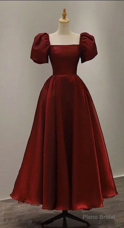 Simple Burgundy Prom Dress Square Neck Tea Length Graduation Dresses Main image