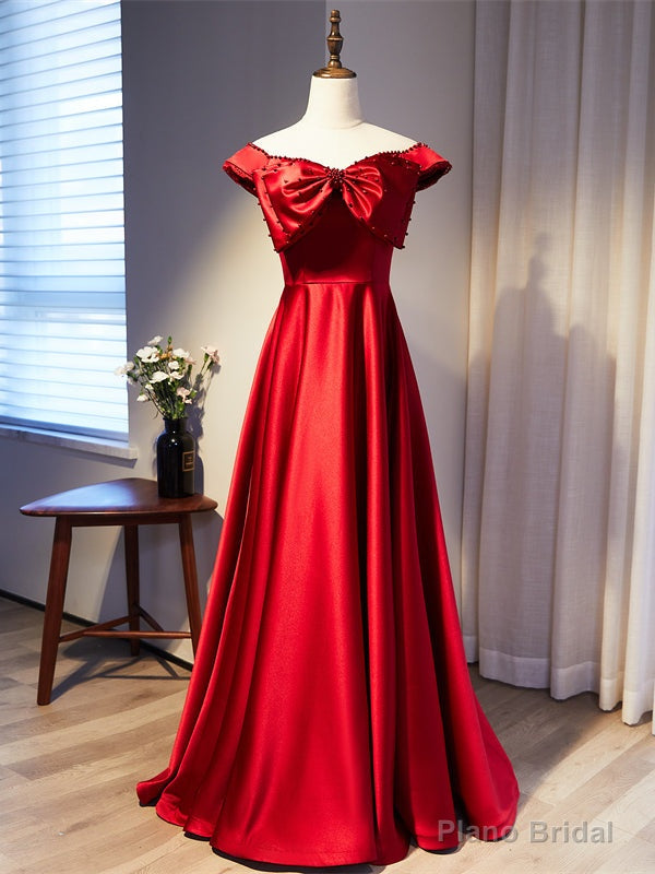 Simple Burgundy Satin Off the Shoulder Bow Prom Dress Main image