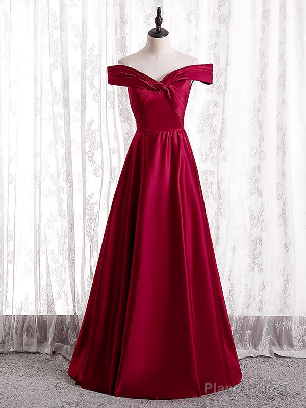 Simple Burgundy Satin Off the Shoulder Pleats Prom Dress Main image