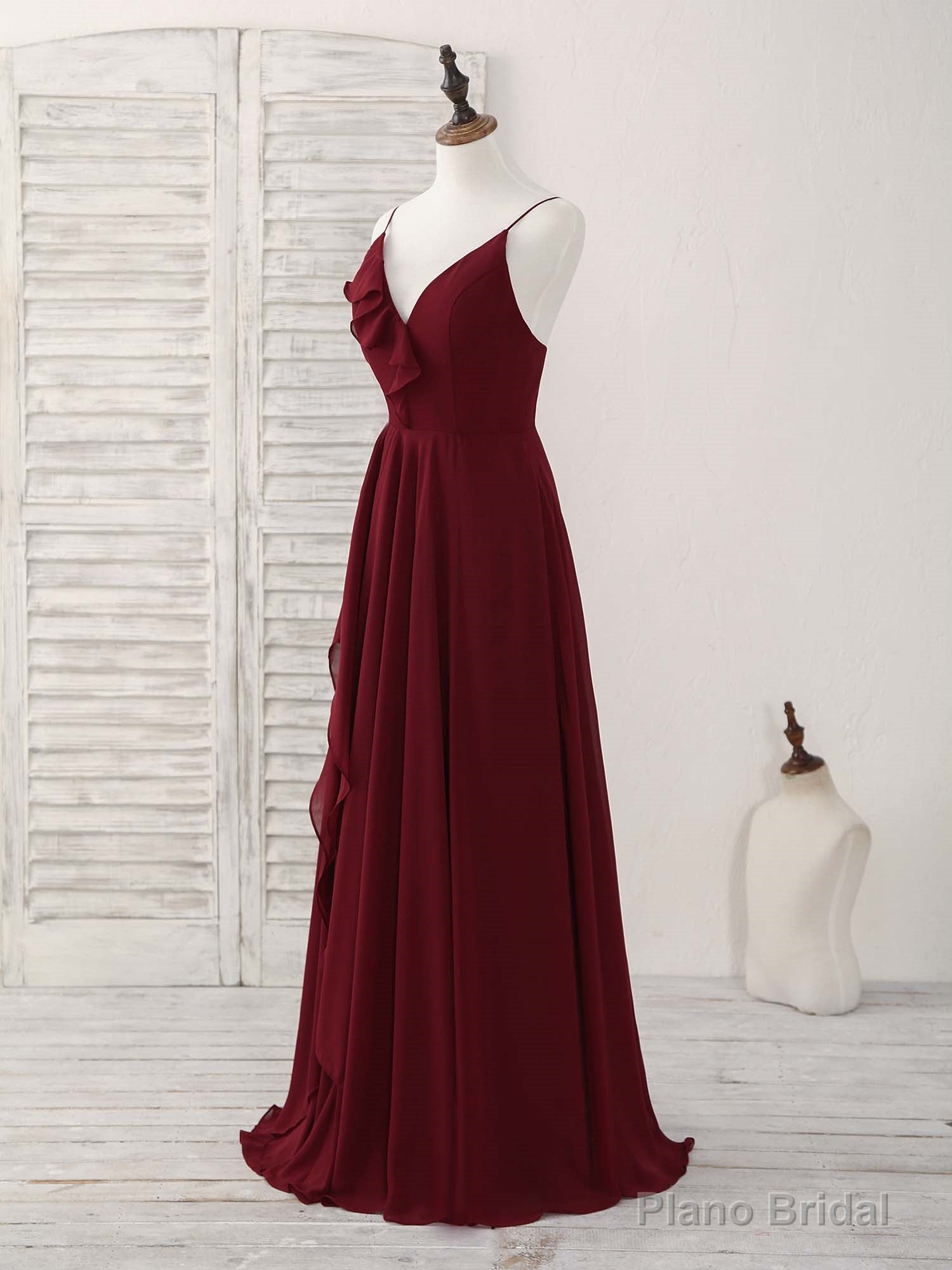 Simple Burgundy V Neck Chiffon Long Prom Dress, Bridesmaid Dress Main image