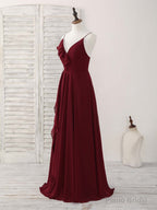 Simple Burgundy V Neck Chiffon Long Prom Dress, Bridesmaid Dress