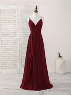 Simple Burgundy V Neck Chiffon Long Prom Dress, Bridesmaid Dress