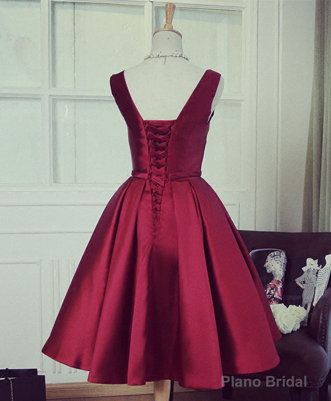 Simple Burgundy V Neck Short Prom Dress, Burgundy Evening Dress Secondary image