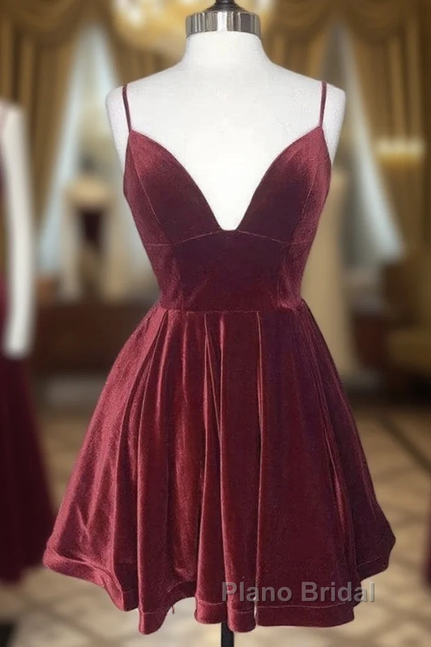 Simple Burgundy Velvet Winter Formal Dresses Short V Neck Homecoming Dresses Main image