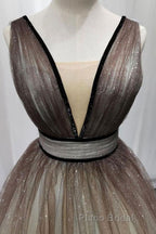 Simple Coffee tulle sequin long Formal Prom dress coffee evening dress