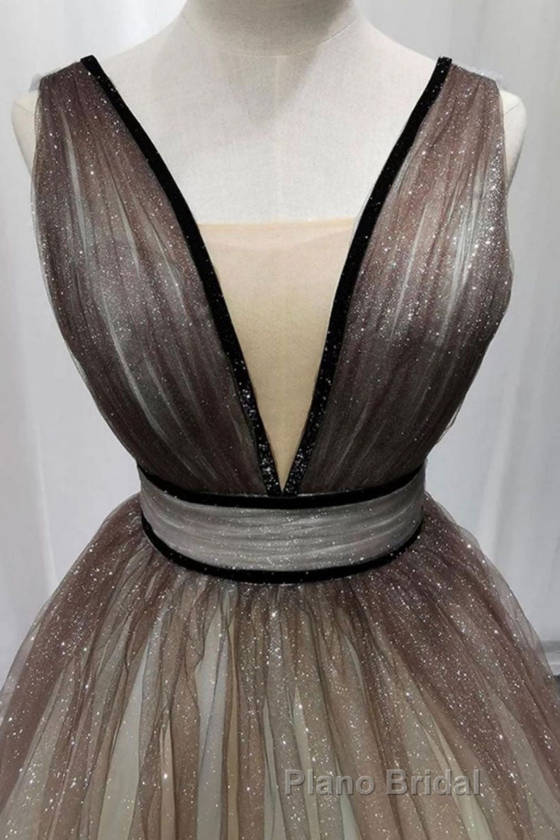 Simple Coffee tulle sequin long Formal Prom dress coffee evening dress