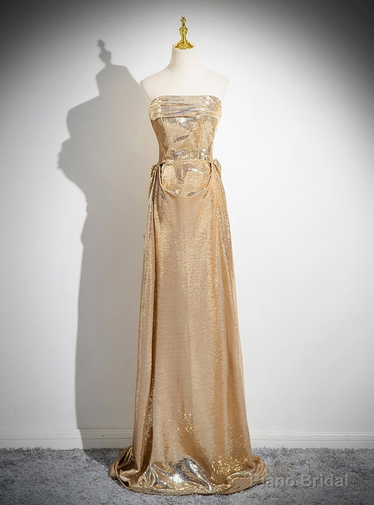 Simple Gold Sequins Strapless Pleats Prom Dress Main image