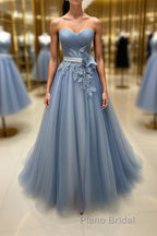 Simple gray blue tulle lace applique long Formal Prom dress, tulle evening dress
