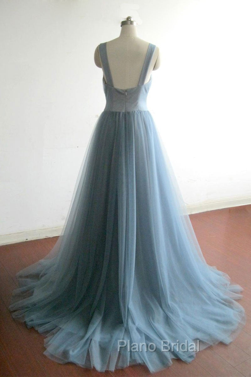 Simple gray blue tulle long Formal Prom Dresses, evening Dresses Secondary image