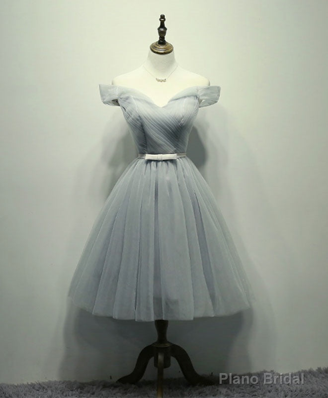 Simple Gray Tulle Short Prom Dress, Gray Tulle Bridesmaid Dress