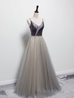 Simple gray v neck tulle long Formal Prom dress, gray tulle formal dress