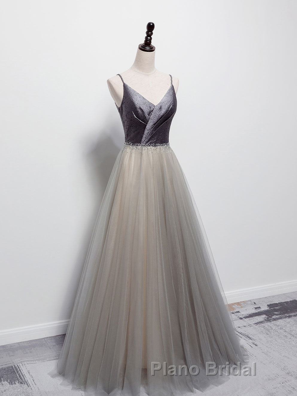 Simple gray v neck tulle long Formal Prom dress, gray tulle formal dress