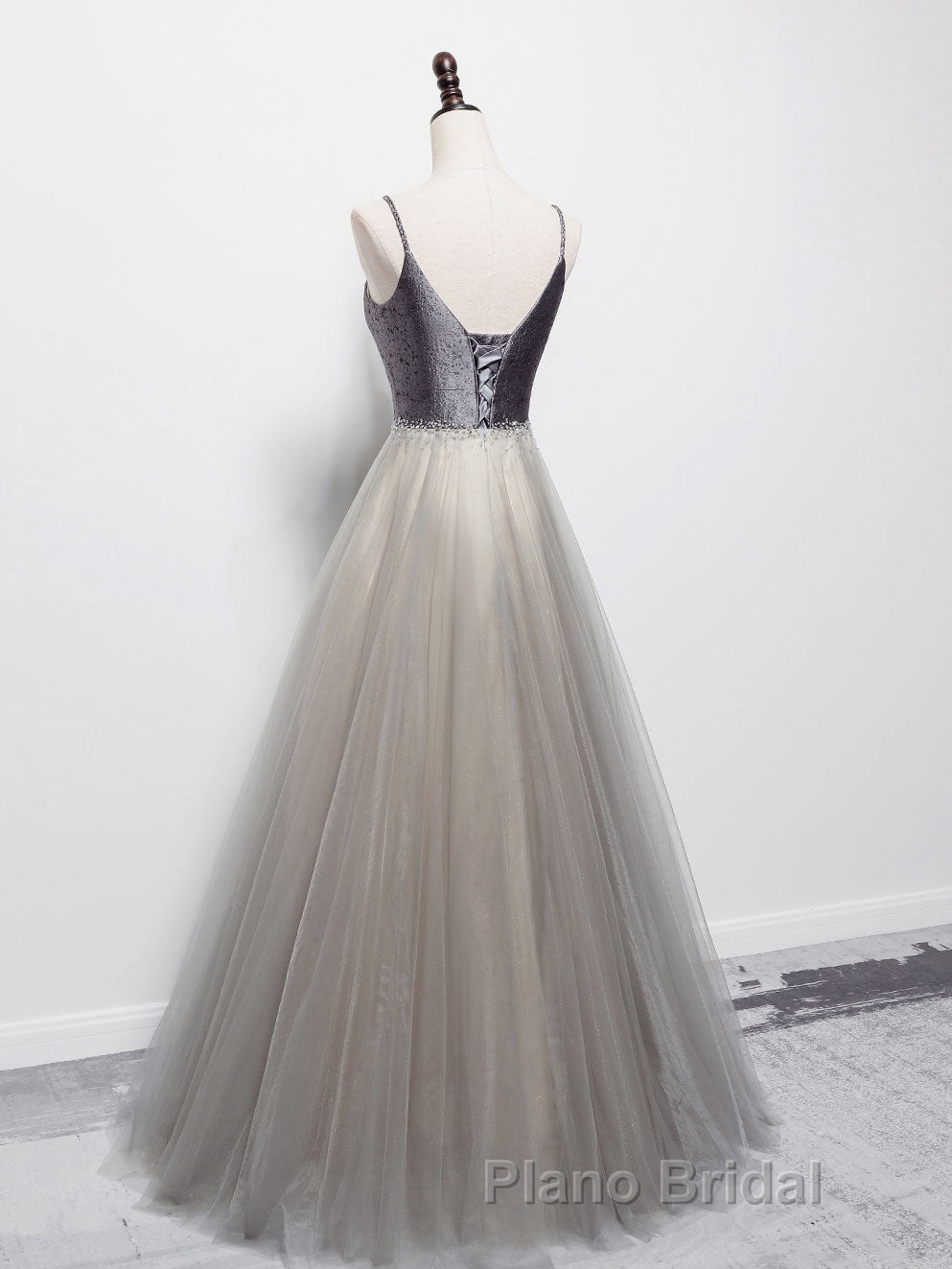 Simple gray v neck tulle long Formal Prom dress, gray tulle formal dress