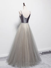 Simple gray v neck tulle long Formal Prom dress, gray tulle formal dress