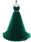 Simple Green Beaded Waist Tulle A-line Floor Length Party Dress, Green Formal Dress