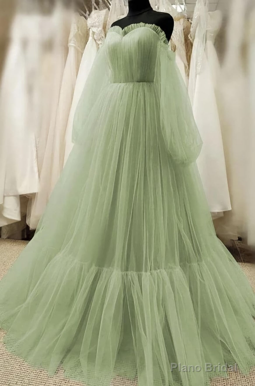 Simple Green Tulle Prom Dress with Bishop Sleeves,Dresses for Party Events Main image