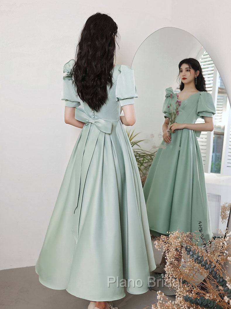 Simple Green V Neck Satin Short Formal Prom Dresses, Green Evening Dresses Secondary image