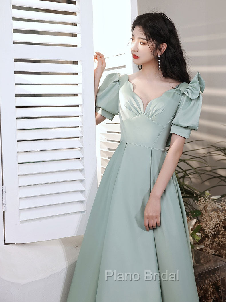 Simple Green V Neck Satin Short Formal Prom Dresses, Green Evening Dresses
